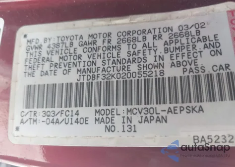 2002 Toyota Camry Se V6 from USA, damaged, VIN JTDBF32K020055218